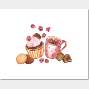 Raspberry cupcake and Hot Chocolate Watercolor Illustration Posters and Art